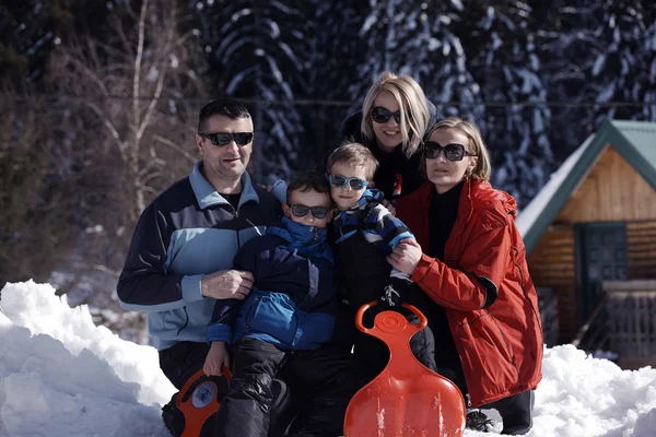 Portrait Happy Young Family Sitting Slides Beautiful Winter Day — Stock Photo, Image