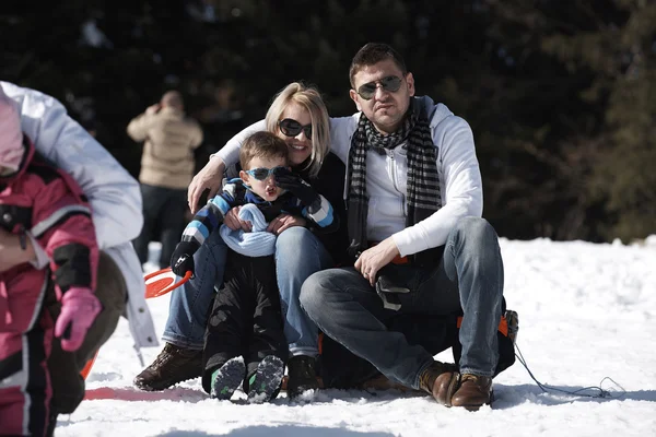 Portrait Happy Young Family Sitting Slides Beautiful Winter Day — Stock Photo, Image