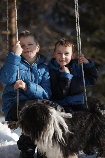 Portrait Two Little Boys Slides Nature Beautiful Sunny Winter Day — Stock Photo, Image