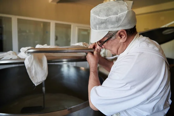 Formaggio di produzione casearia che lavora in fabbrica — Foto Stock