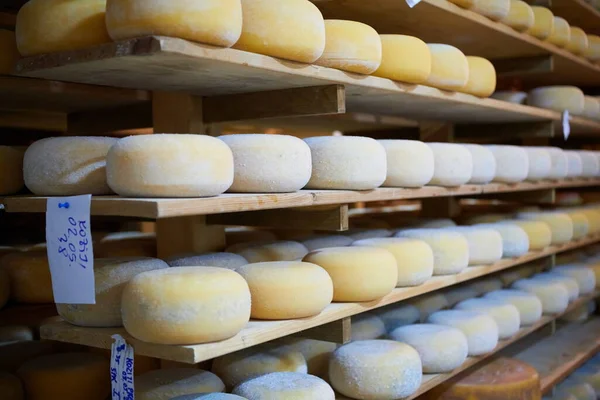 Estantes de producción de fábrica de queso con queso viejo envejecido —  Fotos de Stock