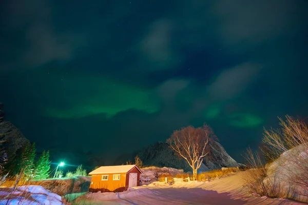 Aurora borealis Зелені північні вогні над горами — стокове фото