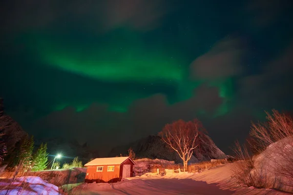 Aurora borealis Aurore boréale verte au-dessus des montagnes — Photo