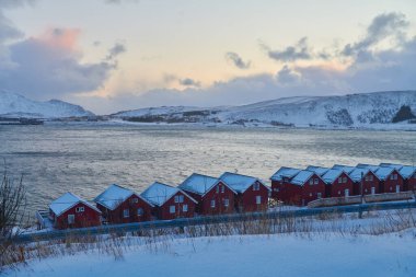 Geleneksel Norveçli balıkçı kulübeleri ve tekneleri