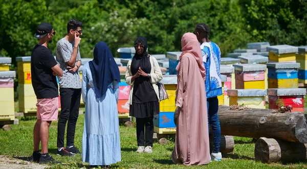 Kadın yerel bal üretim çiftliğinde iş yatırımcıları grubuna sunum yapıyor — Stok fotoğraf