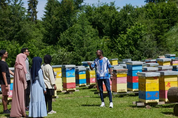 Grupo de pessoas que visitam a fazenda local de produção de mel — Fotografia de Stock