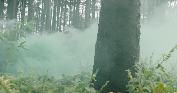 Terroristas que correm espinhosa floresta densa com fumaça ou neblina em backgorund, terrorista em ação perigosa na floresta fumegante — Vídeo de Stock