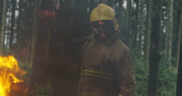 Vigile del fuoco con l'attrezzatura completa, tiene l'ascia in mano, in piedi sullo sfondo di una foresta in fiamme — Video Stock