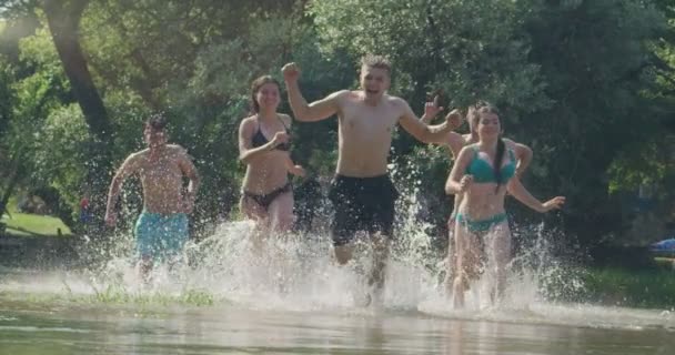 Grupo de alegria de verão de amigos felizes se divertindo enquanto corre e espirra no rio — Vídeo de Stock