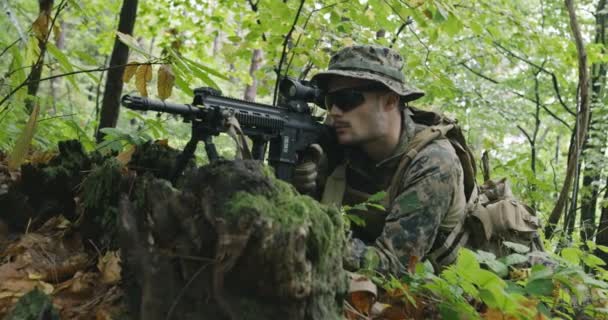 Soldado de fusil totalmente equipado con uniforme de camuflaje que ataca al enemigo, rifle en posición de disparo en bosque denso — Vídeos de Stock