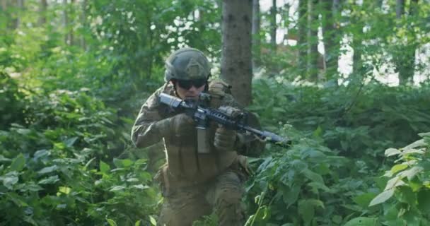 日中は鬱蒼とした森の中で待ち伏せライフルを保持兵士,ベースキャンプを保護します。 — ストック動画