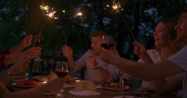 Concept d'amitié des jeunes - Mains griller verre de vin rouge au bord de la rivière la nuit — Video