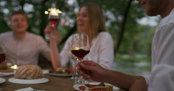 Concepto de amistad juvenil - Manos brindar copa de vino tinto al lado del río en la noche — Vídeos de Stock