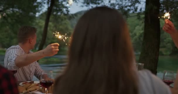 Concepto de amistad juvenil - Manos brindar copa de vino tinto al lado del río en la noche — Vídeo de stock