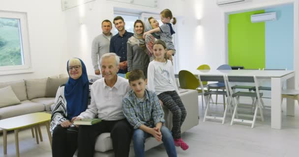 Several generations portrait of happy modern muslim family before iftar dinner during ramadan feast at home — Stock Video