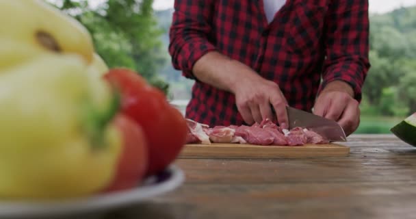 Hombre preparando carne y puting especias para barbacoa y cena junto al río, preparándose para la cena en la naturaleza en la cocina de verano — Vídeo de stock