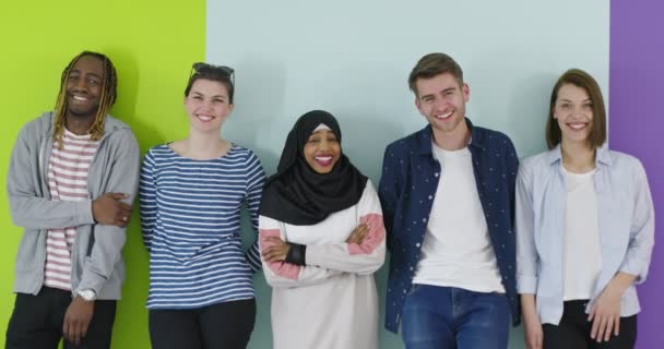 Diversity Students Friends Happiness Concept, group of students looking at camera over color backgorund — Stock Video