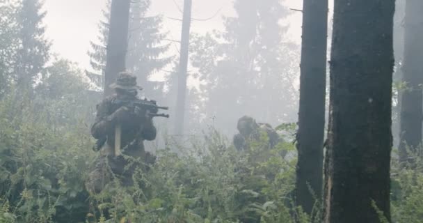 Soldat bewegt sich mit schussbereitem Gewehr durch verrauchten Wald und läuft während eines Militäreinsatzes durch Wald — Stockvideo