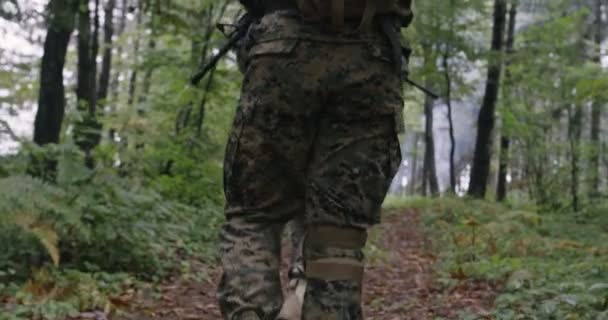Volledig uitgeruste soldaten dragen camouflage uniform en bewegen zich door dichte bossen tijdens militaire actie — Stockvideo