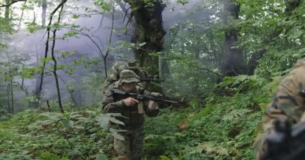 Egy csapat katona, akik tüzelésre kész puskával haladnak át a füstös erdőn, katonai akció közben az erdőn. — Stock videók