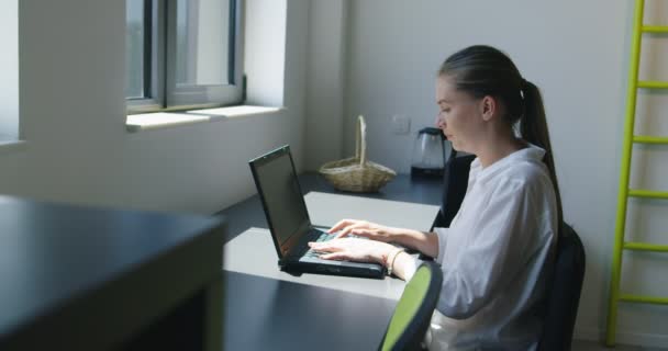 Atraktivní veselá mladá obchodnice pracující na notebooku a usmívající se zatímco sedí za stolem v jasné moderní kanceláři — Stock video