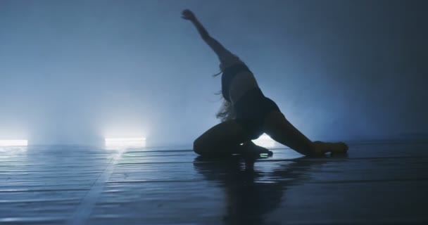 현대 발레 무용가가 연기가 자욱 한 분위기에서 연습하고 있고, 춤 연습중에 날씬하고 유연 한 댄스 연기자가 있다 — 비디오