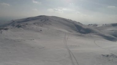 Taze karla kaplı donmuş bir ormanın havadan görünüşü. 