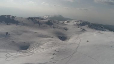 Taze karla kaplı donmuş bir ormanın havadan görünüşü. 