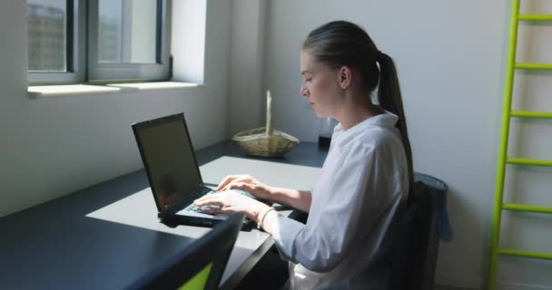 Jeune femme d'affaires assis dans le bureau de démarrage en utilisant un ordinateur portable — Video