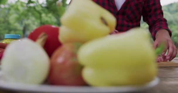 Hombre preparando carne y puting especias para barbacoa y cena junto al río, preparándose para la cena en la naturaleza en la cocina de verano — Vídeo de stock