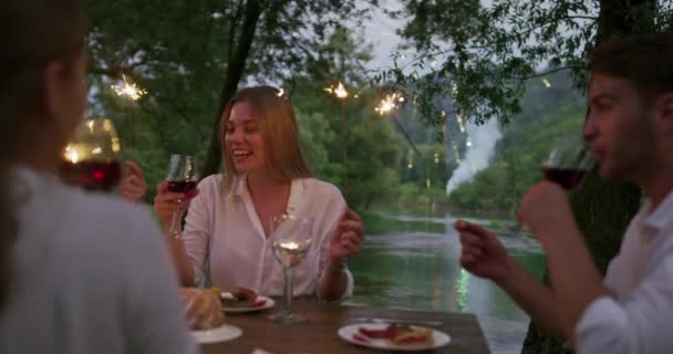 Concept d'amitié des jeunes - Mains griller verre de vin rouge au bord de la rivière la nuit — Video