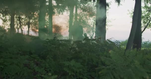 Azione militare che si svolge nella foresta al tramonto, complessa operazione dell'esercito di protezione in prima linea — Video Stock