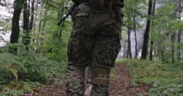 Wojskowe działania w gęstym lesie widok z tyłu — Wideo stockowe