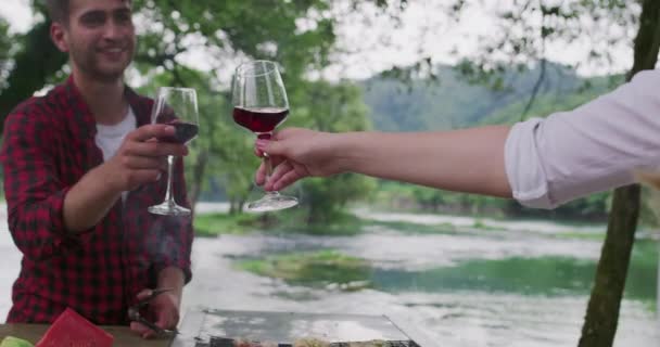 Couple heureux préparer barbecue et boire du vin rouge en plein air près de la rivière — Video