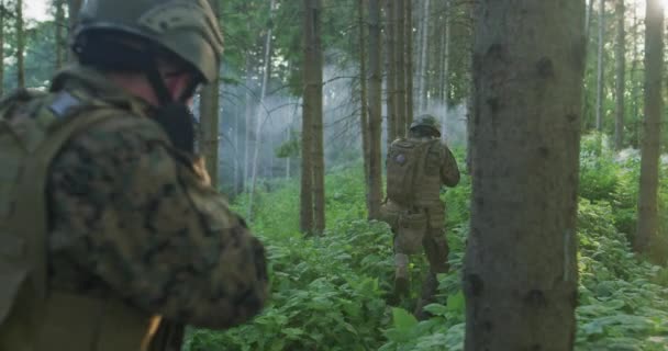 낮에 빽빽 한 숲 속 의적 선을 공격하는 고형물의 무리와 함께 군사 작전 — 비디오