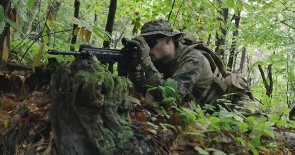Полностью экипированный стрелок в камуфляжной форме атакует врага, винтовка в огневой позиции в густом лесу — стоковое видео