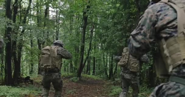 Στρατιώτες που κινούνται μέσα στο δάσος κατά τη διάρκεια τακτικής δράσης έννοια του πολέμου και την επίθεση — Αρχείο Βίντεο
