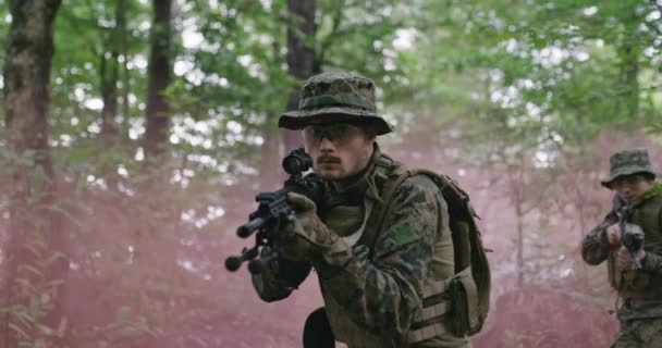 Duman içindeki askerler yoğun ormanın içinden savaş operasyonunda. — Stok video