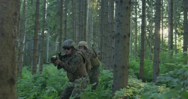 Soldați echipați care se deplasează prin pădurea de fum — Videoclip de stoc
