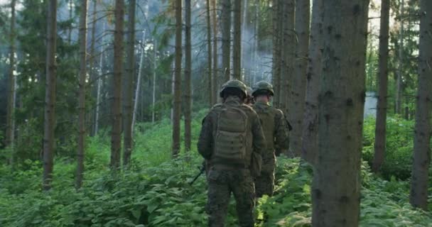 Millitaire operatie met gorup van soldaten aanvallen vijandelijke lijn in dichte bos gedurende de dag — Stockvideo