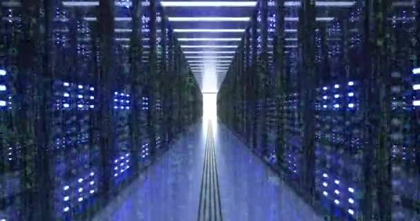 Racks de computador de data center na sala de servidor de segurança de rede Criptomoeda Mineração — Vídeo de Stock
