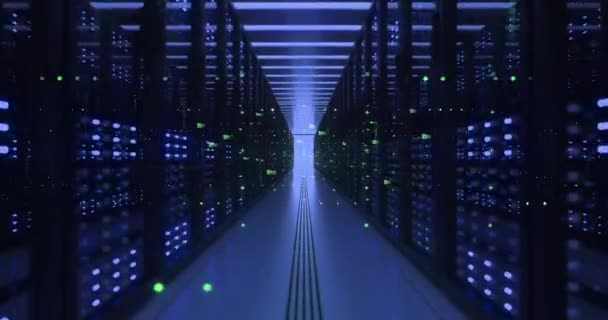 Rastrelliere per computer del data center nella sala server di sicurezza di rete Estrazione di criptovaluta — Video Stock
