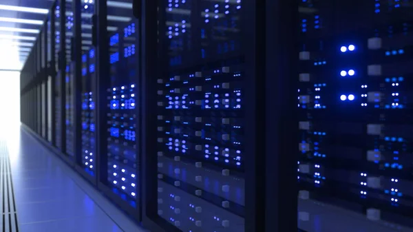 Rastrelliere per computer del data center nella sala server di sicurezza di rete Estrazione di criptovaluta — Foto Stock