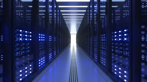 Rastrelliere per computer del data center nella sala server di sicurezza di rete Estrazione di criptovaluta — Foto Stock