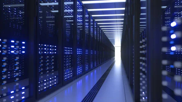 Racks de computador de data center na sala de servidor de segurança de rede Criptomoeda Mineração — Fotografia de Stock