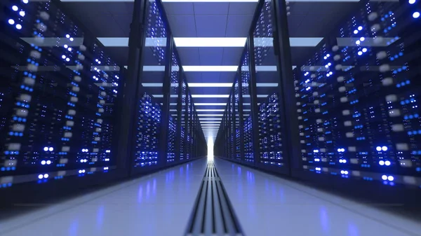 Rastrelliere per computer del data center nella sala server di sicurezza di rete Estrazione di criptovaluta — Foto Stock