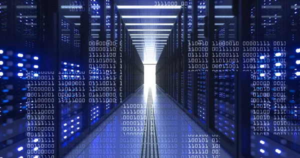 Rastrelliere per computer del data center nella sala server di sicurezza di rete Estrazione di criptovaluta — Foto Stock