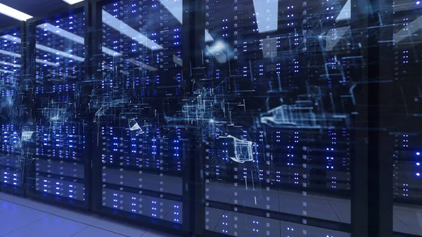 ネットワークセキュリティサーバールームのデータセンターコンピュータラック暗号化マイニング — ストック写真