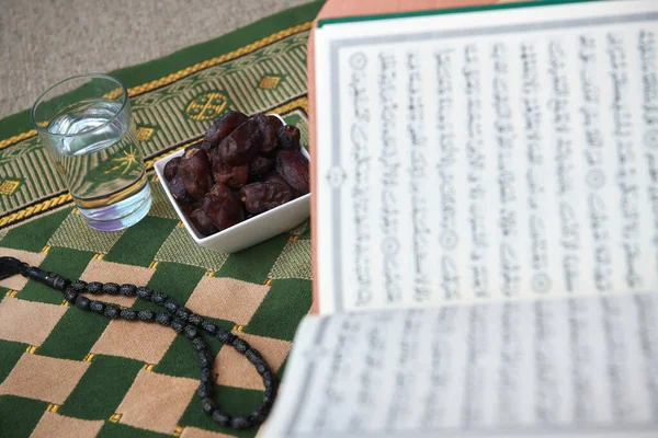 Iftar Time Dried Dates Holy Quran Glass Water Tasbih Praying — Stock Photo, Image