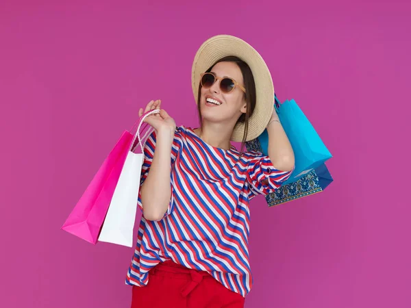 Jeune Femme Avec Des Sacs Provisions Sur Fond Rose Fille — Photo